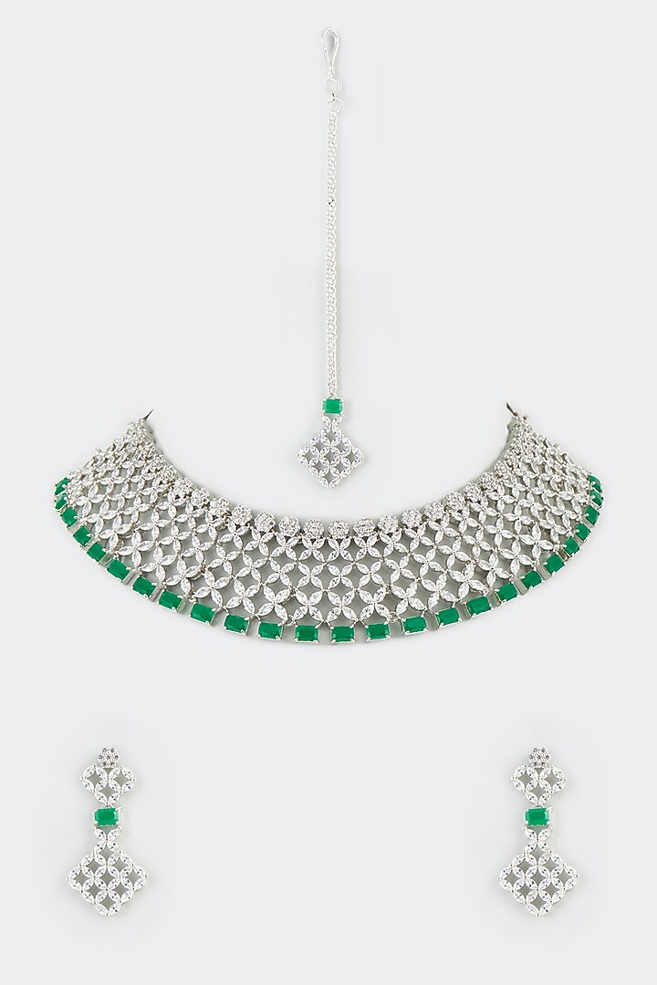 White Finish Emerald Synthetic Stone & Zircon Necklace by Aster at Pernia's Pop Up Shop