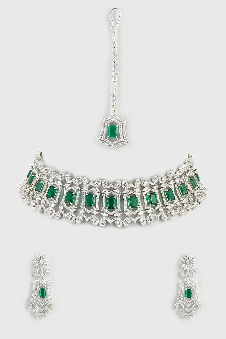 White Finish Emerald Synthetic Stone Choker Necklace by Aster at Pernia's Pop Up Shop
