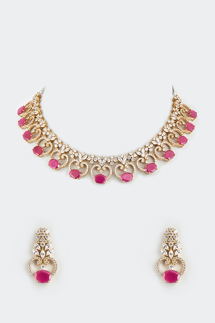 Gold Finish Ruby Synthetic Stone Necklace Set by Aster at Pernia's Pop Up Shop