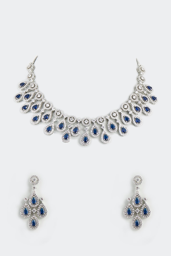 White Finish Necklace With Sapphire Synthetic Stones by Aster at Pernia's Pop Up Shop