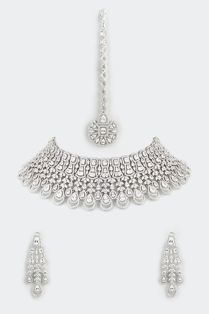 White Finish Necklace With Faux Diamond by Aster