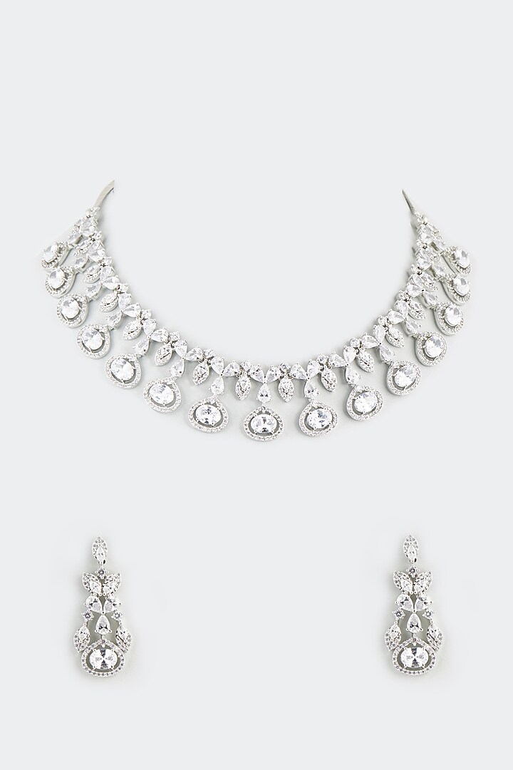 White Finish Necklace With Faux Diamonds by Aster