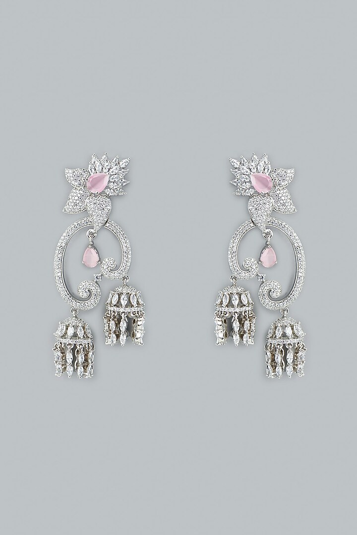 White Finish Pink Stone & Zircon Dangler Earrings by Aster at Pernia's Pop Up Shop