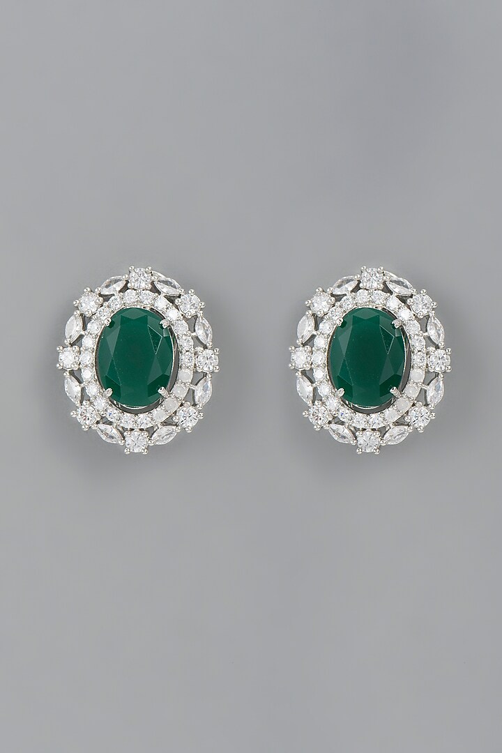 White Finish Green Synthetic Stone Stud Earrings by Aster at Pernia's Pop Up Shop