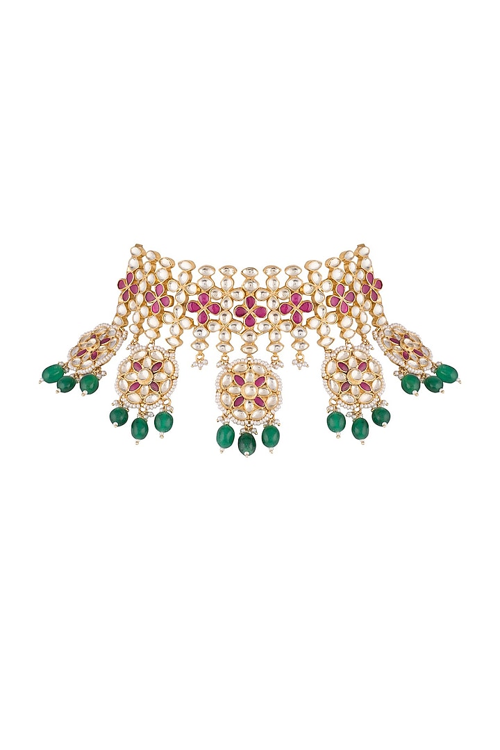 Gold Finish Faux Pearl, Kundan, Green Drop & Red Stone Necklace by Aster