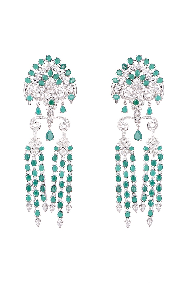 White Finish Faux Diamonds & Green Stones Dangler Earrings by Aster at Pernia's Pop Up Shop