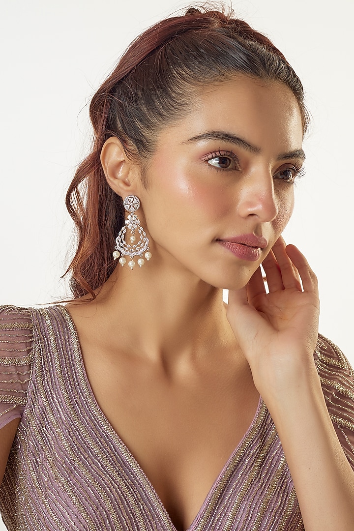 White Finish Zircon & Pearl Dangler Earrings by Aster at Pernia's Pop Up Shop