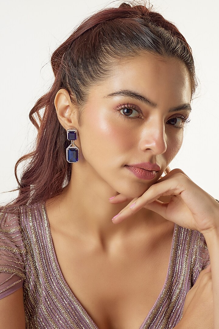 White Finish Zircon & Sapphire Stone Dangler Earrings by Aster at Pernia's Pop Up Shop