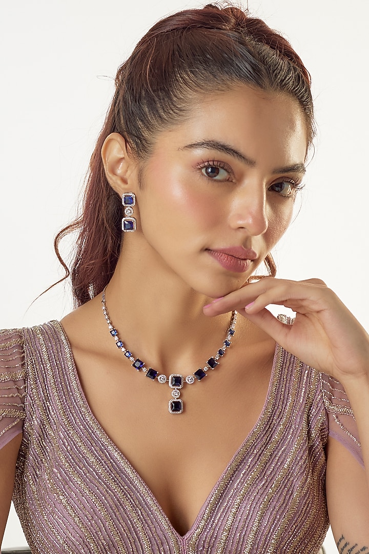 White Finish Sapphire Stone & Zircon Necklace Set by Aster at Pernia's Pop Up Shop