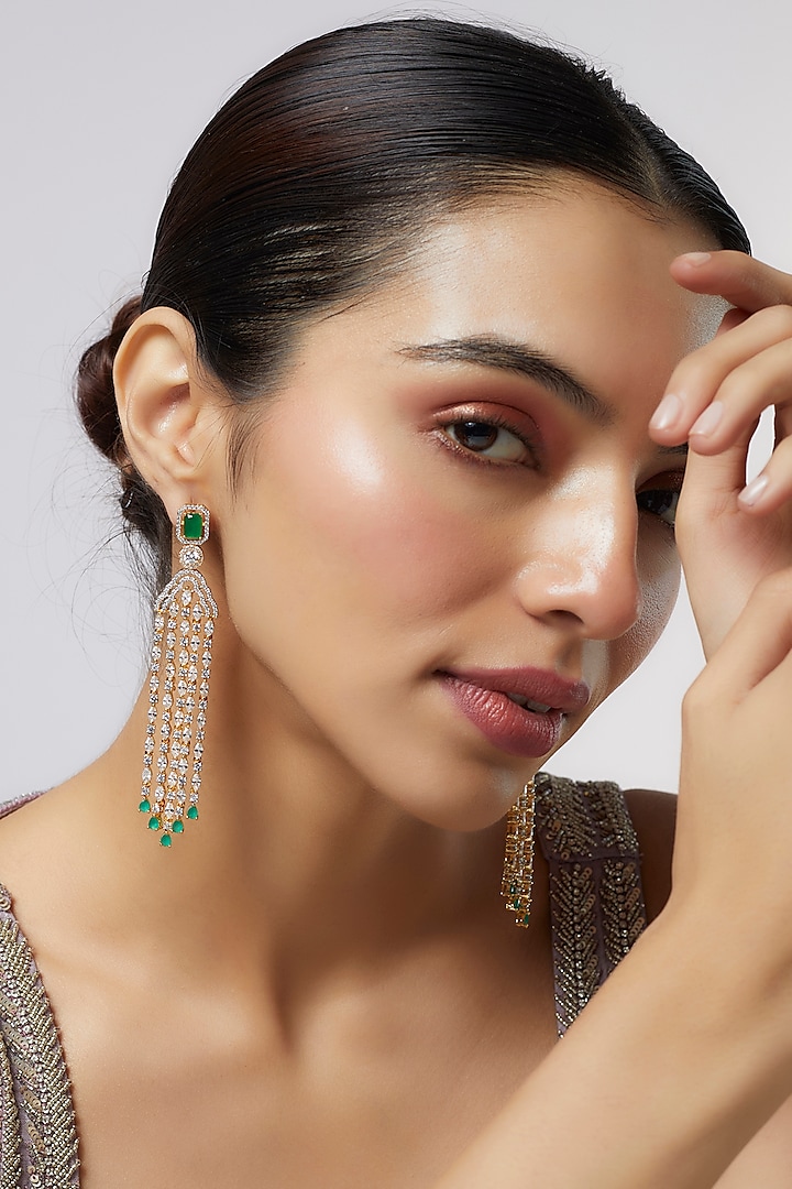 Rose Gold Finish Zircon & Green Stone Dangler Earrings by Aster at Pernia's Pop Up Shop