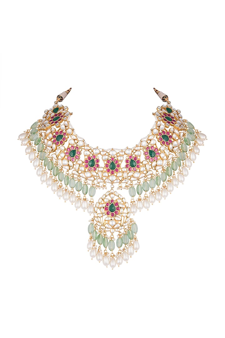 Gold Finish Multi Colored Kundan & Faux Pearl Necklace by Aster at Pernia's Pop Up Shop