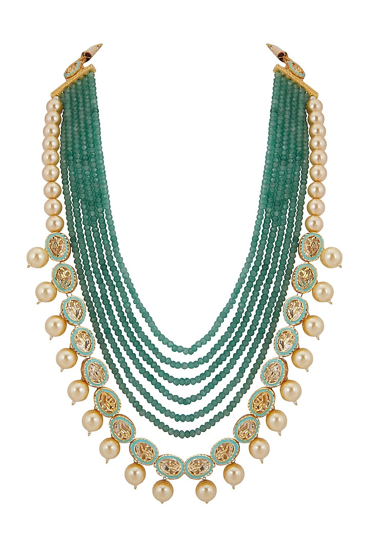 Gold Finish Green Mala Necklace by Aster at Pernia's Pop Up Shop