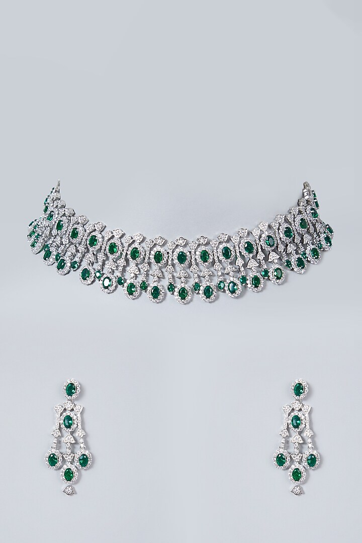 White Finish Green Faux Diamond Necklace Set by Aster at Pernia's Pop Up Shop