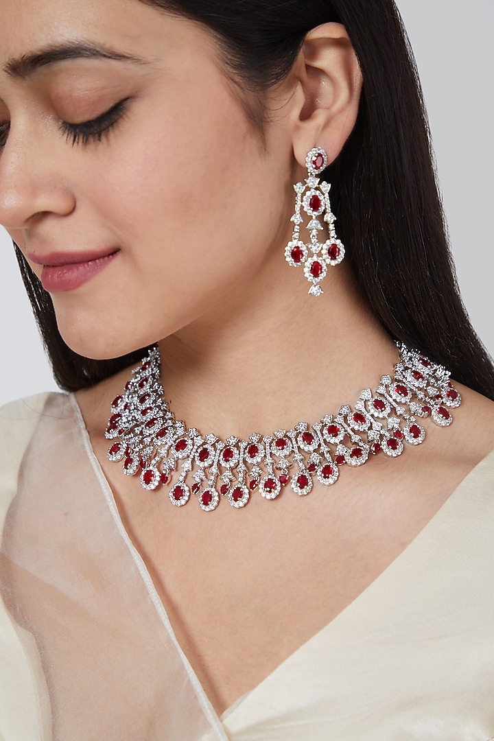 White Finish Red Faux Diamond Necklace Set by Aster at Pernia's Pop Up Shop