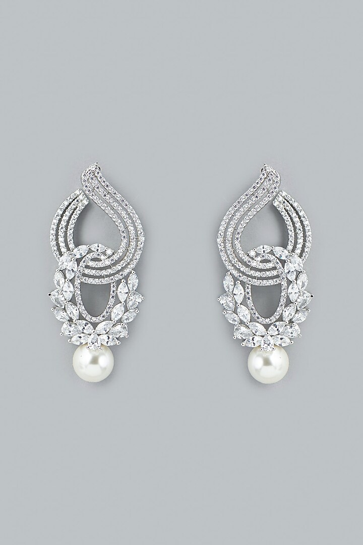 White Finish Faux Diamond Dangler Earrings by Aster at Pernia's Pop Up Shop