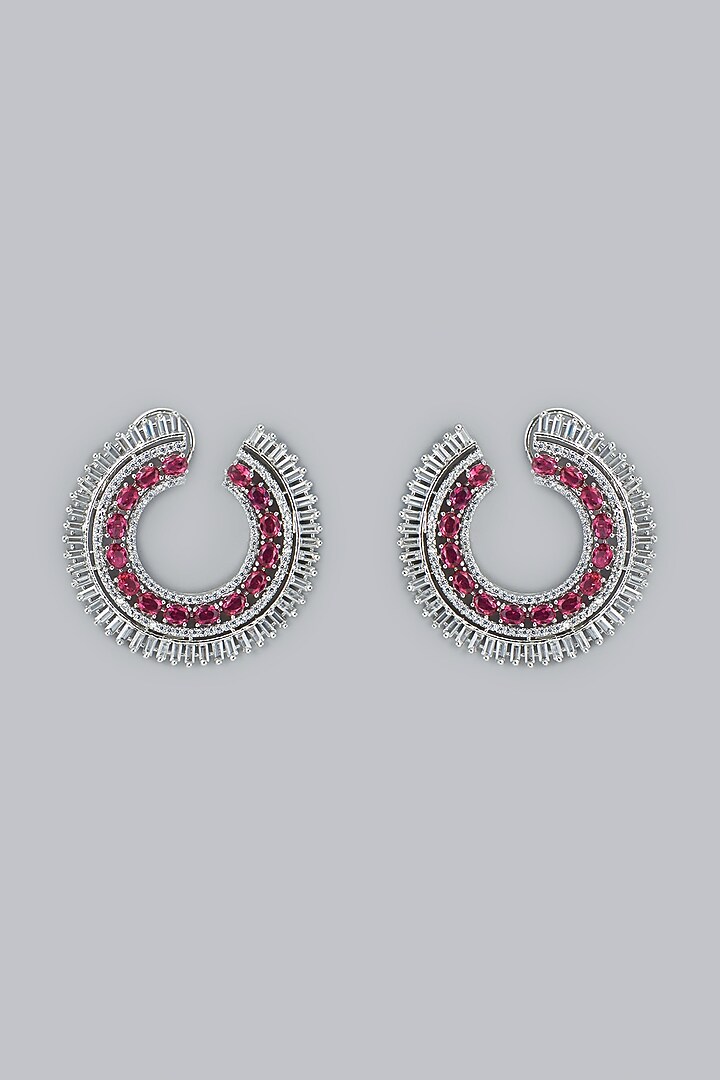 White Finish Red Stone & Zircon Stud Earrings by Aster at Pernia's Pop Up Shop