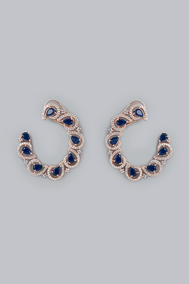 Rose Gold Finish Faux Diamond & Blue Stone Stud Earrings by Aster at Pernia's Pop Up Shop
