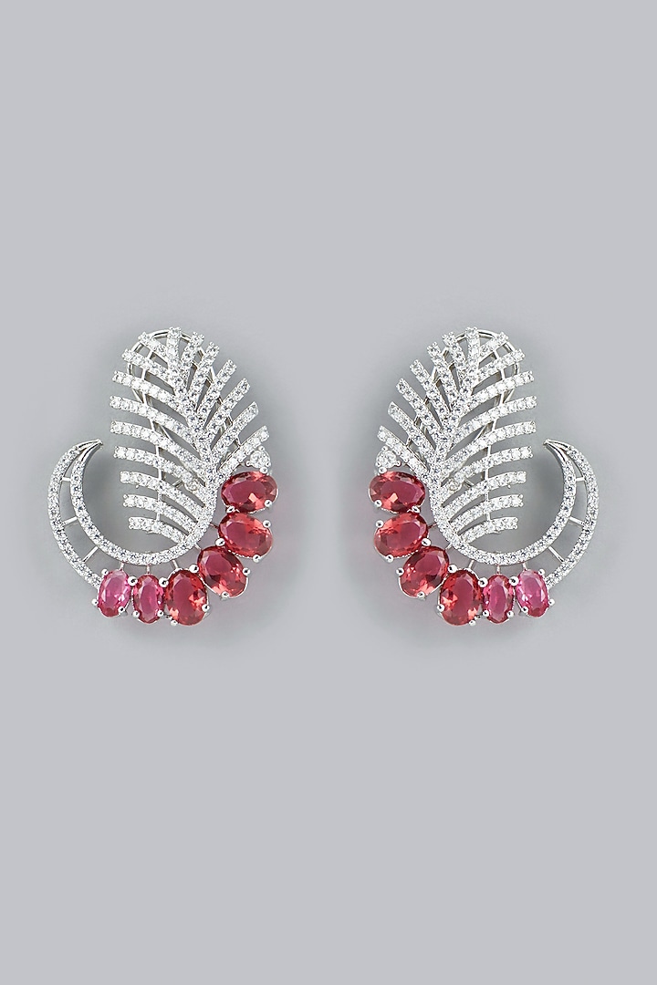 White Finish Zircon & Red Stone Stud Earrings by Aster at Pernia's Pop Up Shop
