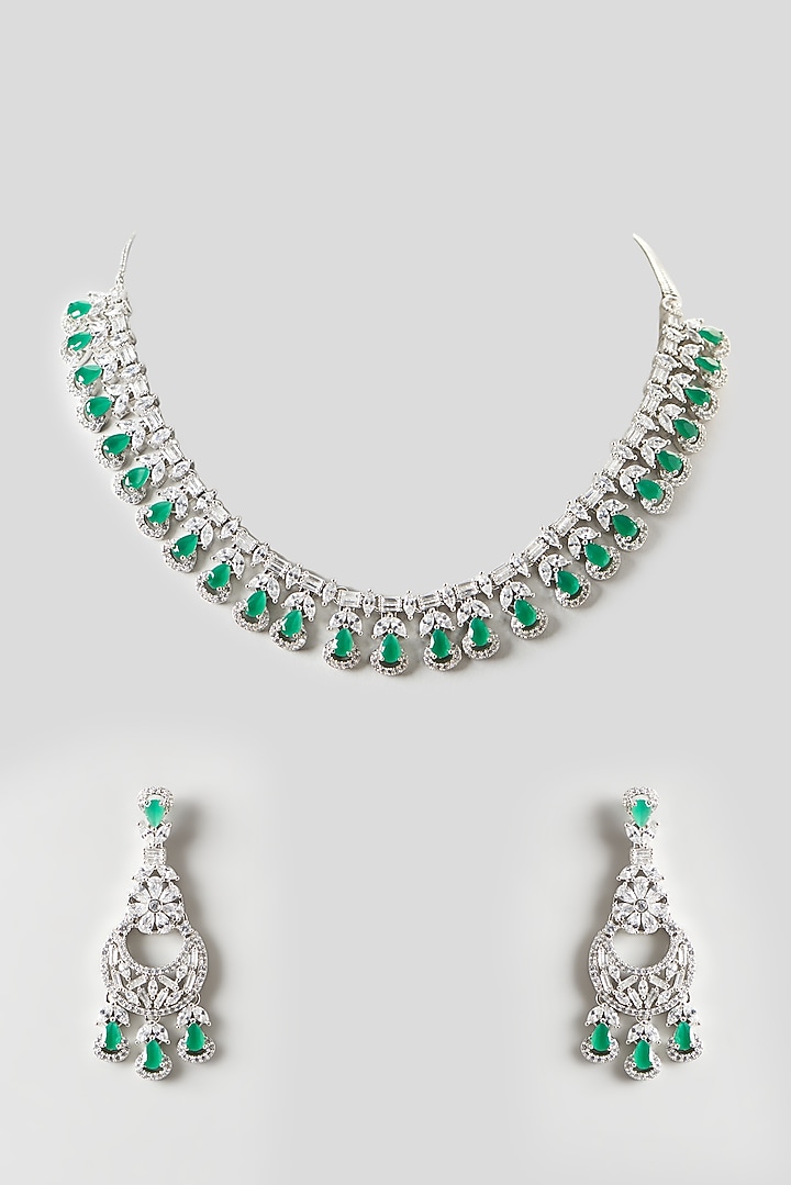 White Finish Emerald & Zircon Necklace Set by Aster at Pernia's Pop Up Shop