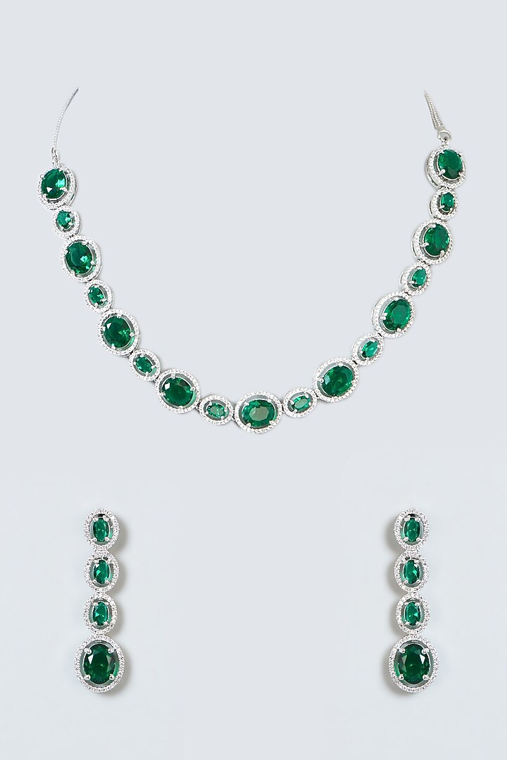 White Finish Zircon & Green Stone Choker Necklace Set by Aster at Pernia's Pop Up Shop