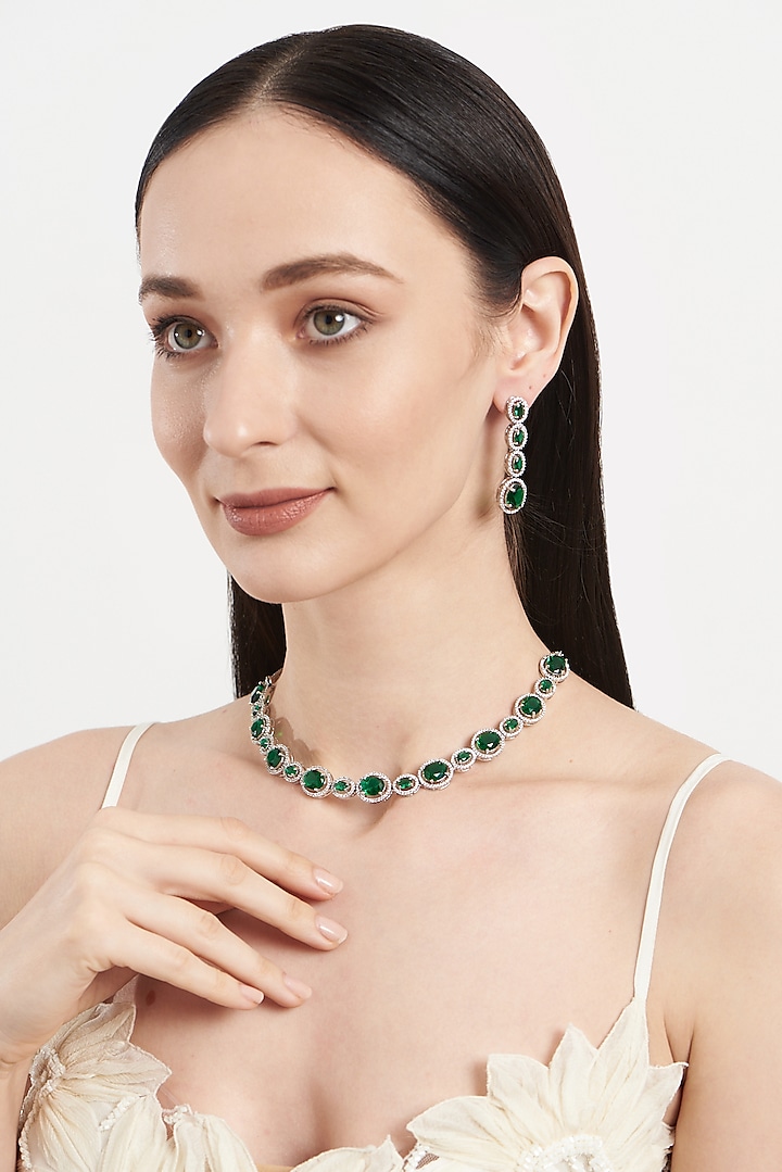 White Finish Zircon & Green Stone Choker Necklace Set by Aster