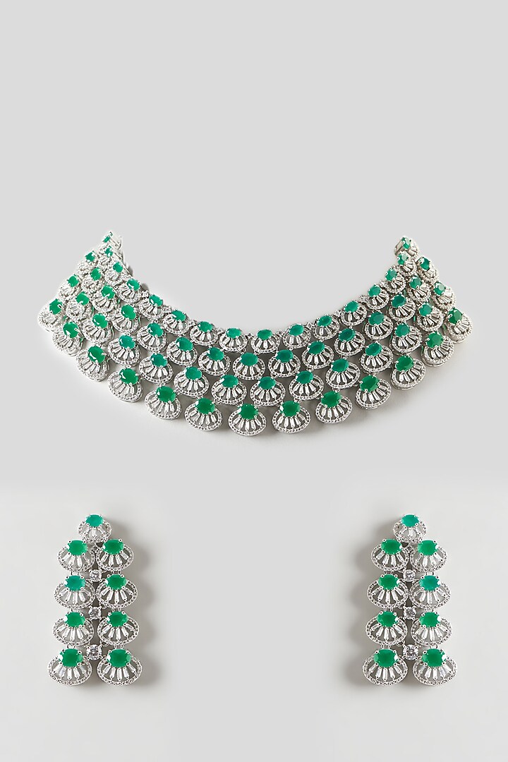 White Finish Emerald & Zircon Choker Necklace Set by Aster at Pernia's Pop Up Shop