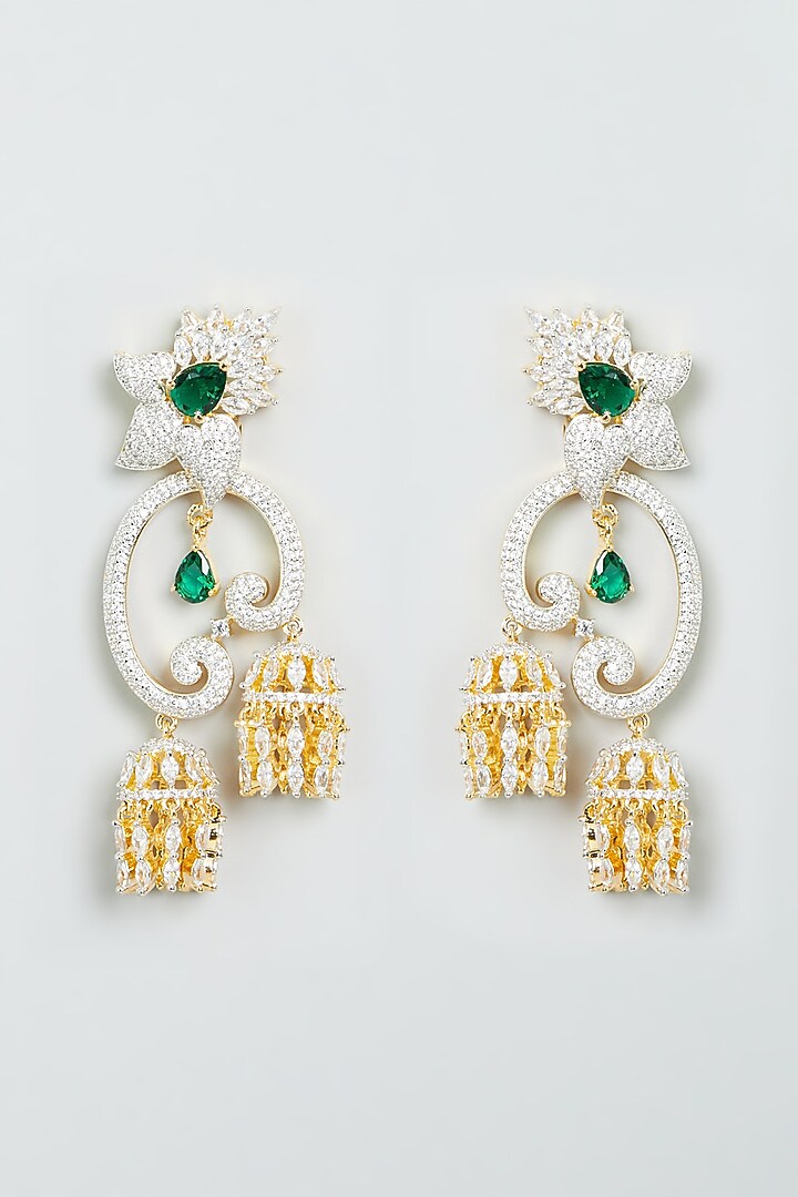 Gold Finish Zircon & Emerald Synthetic Stone Dangler Earrings by Aster at Pernia's Pop Up Shop