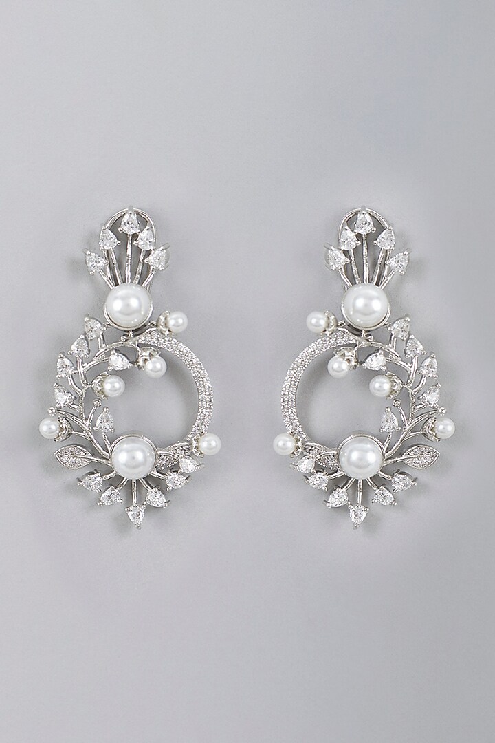 White Finish Pearl & Zircon Dangler Earrings by Aster at Pernia's Pop Up Shop
