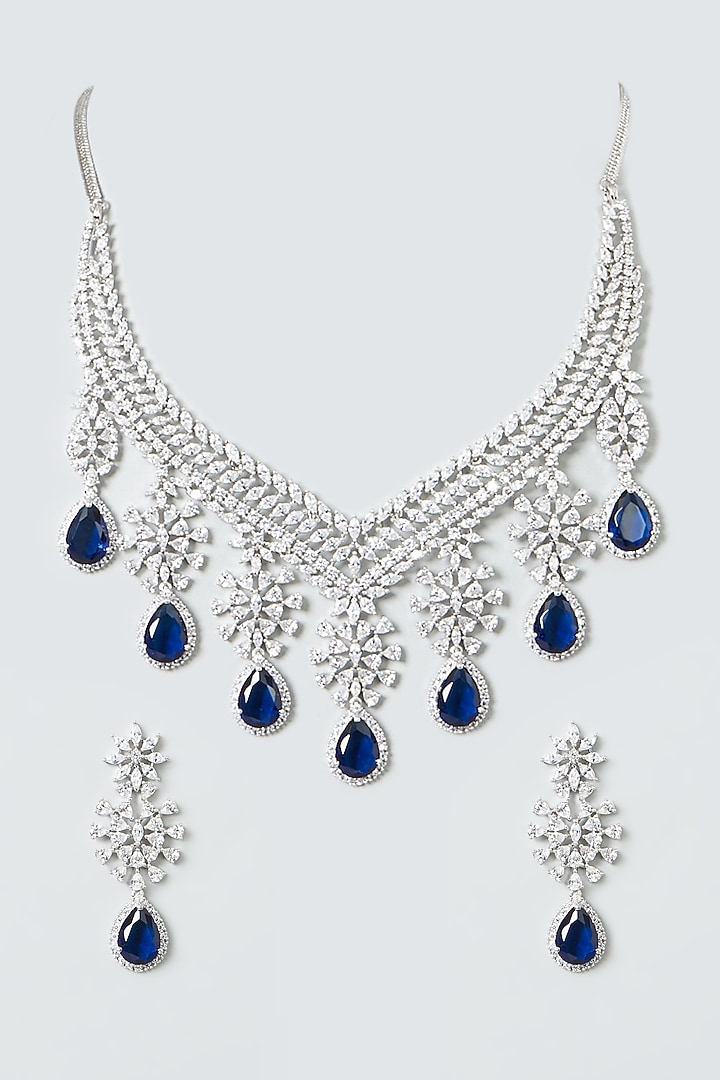 White Finish Zircon & Blue Drop Stones Necklace Set by Aster at Pernia's Pop Up Shop