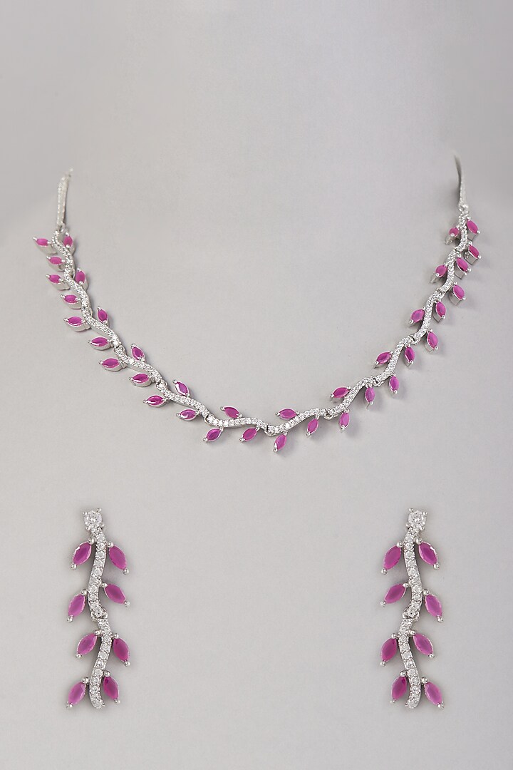 White Finish Zircon & Pink Stone Necklace Set by Aster at Pernia's Pop Up Shop