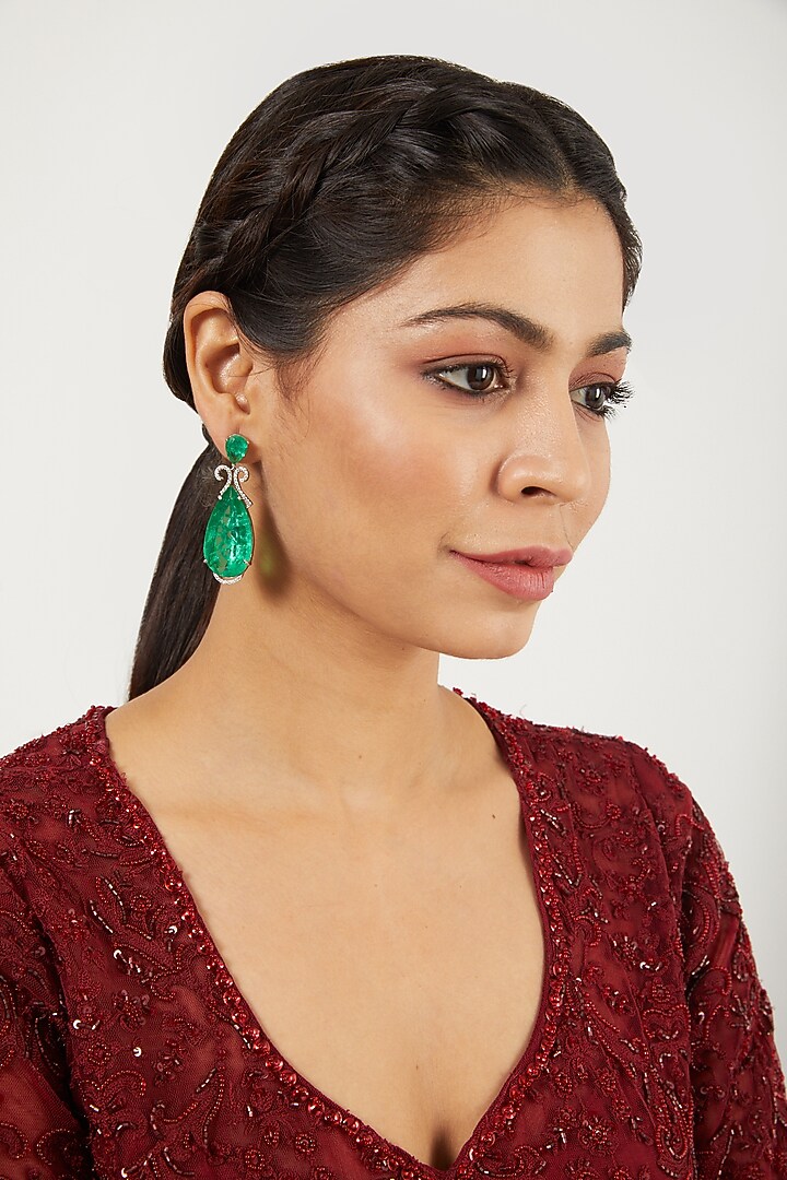 White Finish Green Stone Dangler Earrings by Aster at Pernia's Pop Up Shop