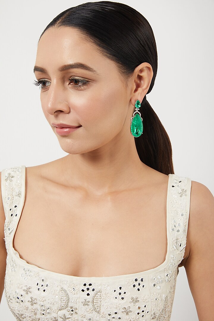 White Finish Green Stone Dangler Earrings by Aster at Pernia's Pop Up Shop