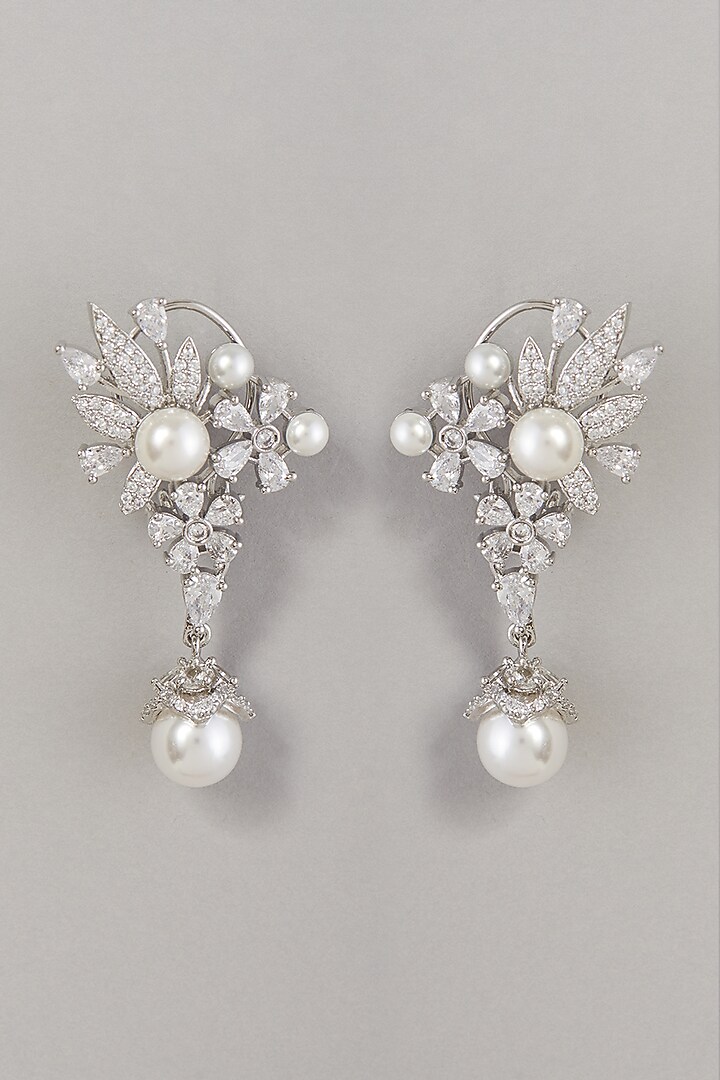 White Finish Zircon & Pearl Dangler Earrings by Aster at Pernia's Pop Up Shop