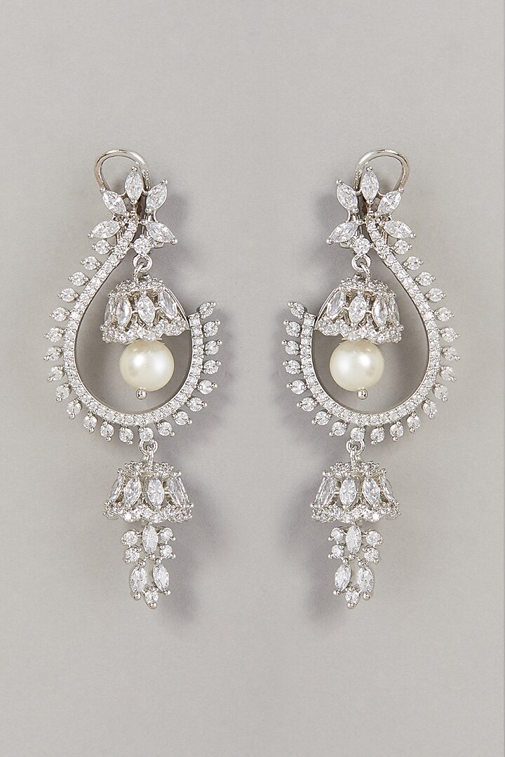 White Finish Pearl & Zircon Dangler Earrings by Aster at Pernia's Pop Up Shop