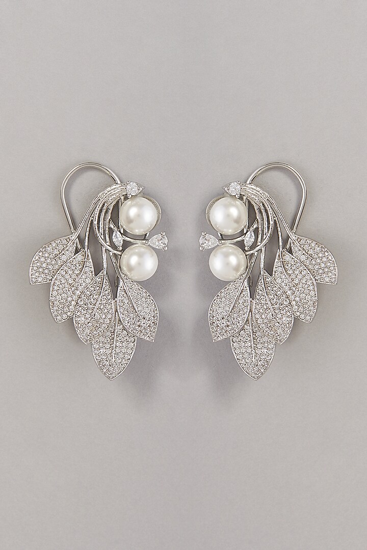 White Finish Zircons & Pearl Dangler Earrings by Aster at Pernia's Pop Up Shop