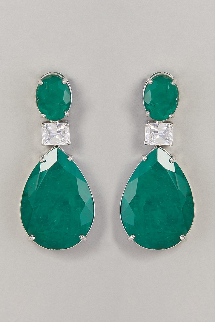 White Finish Zircon & Green Stone Dangler Earrings by Aster at Pernia's Pop Up Shop