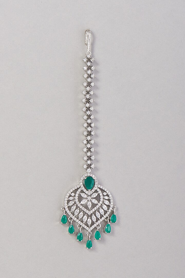 White Finish Zircon & Green Stone Maangtikka by Aster at Pernia's Pop Up Shop