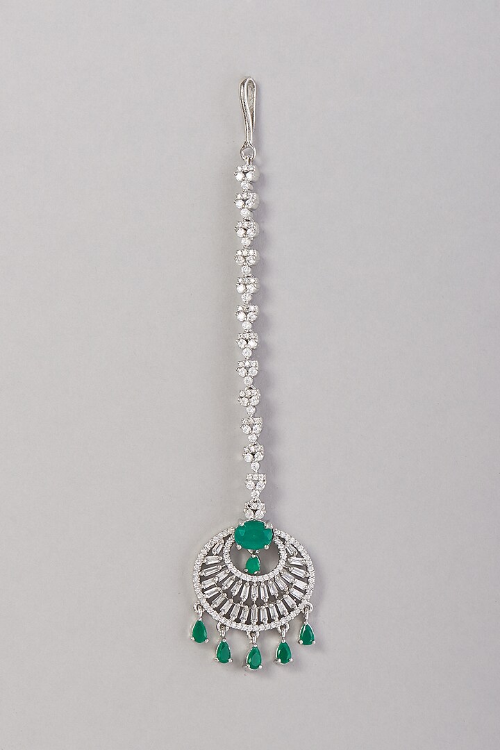 White Finish Zircon & Green Stone Maangtikka by Aster at Pernia's Pop Up Shop