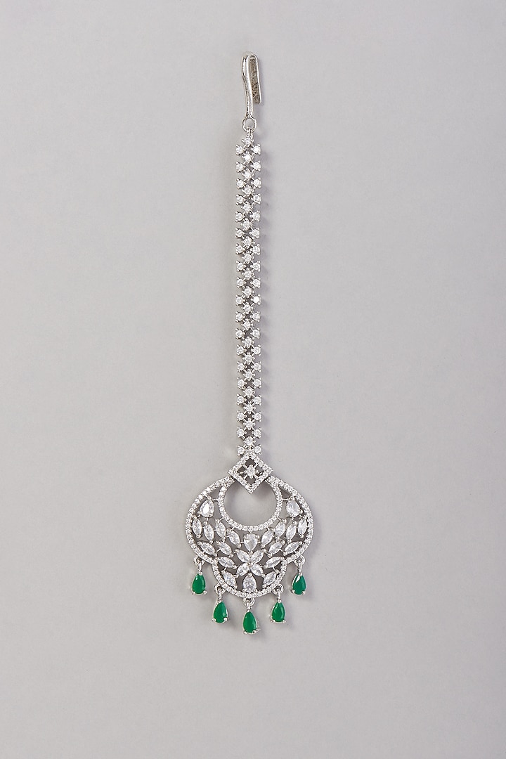 White Finish Zircon & Green Stone Maangtikka by Aster at Pernia's Pop Up Shop