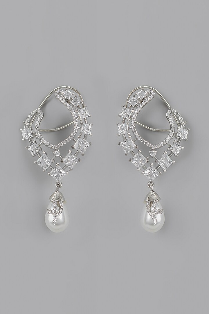 White Finish Pearl & Zircon Dangler Earrings by Aster at Pernia's Pop Up Shop