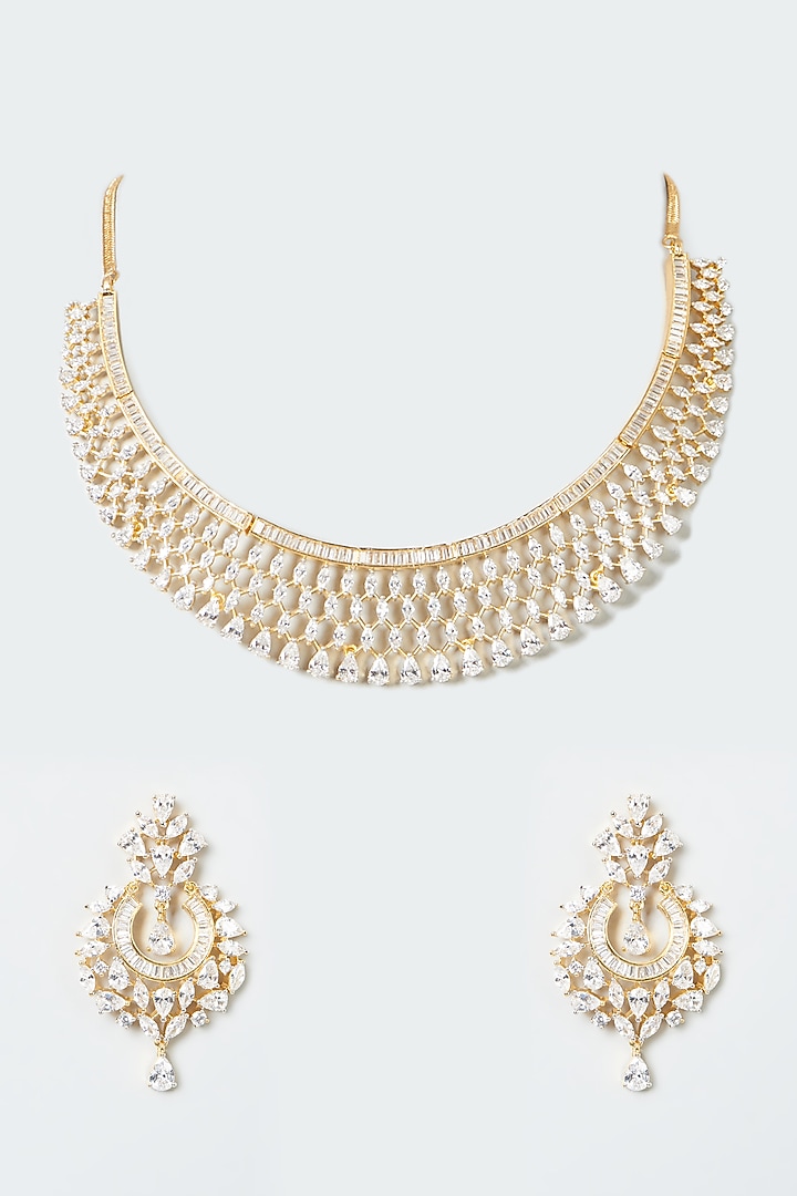 Gold Finish Faux Diamond Necklace Set Design by Aster at Pernia's Pop