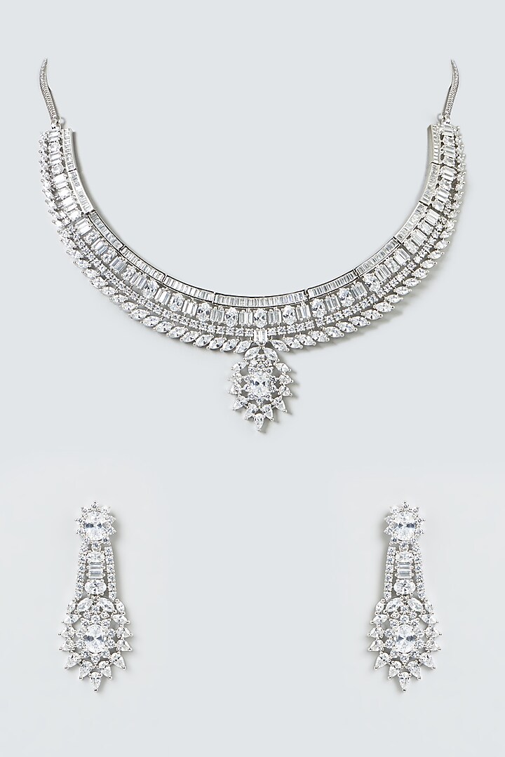 White Finish Necklace Set With Zircons by Aster at Pernia's Pop Up Shop