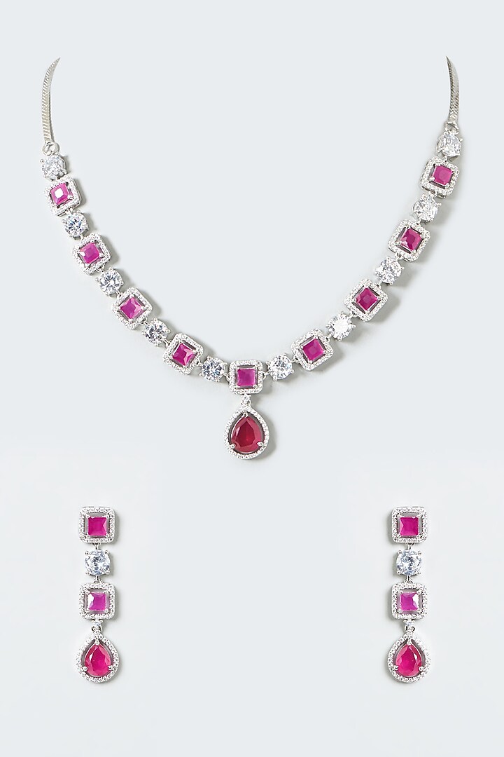 White Finish Pink Stone & Zircons Necklace Set by Aster at Pernia's Pop Up Shop