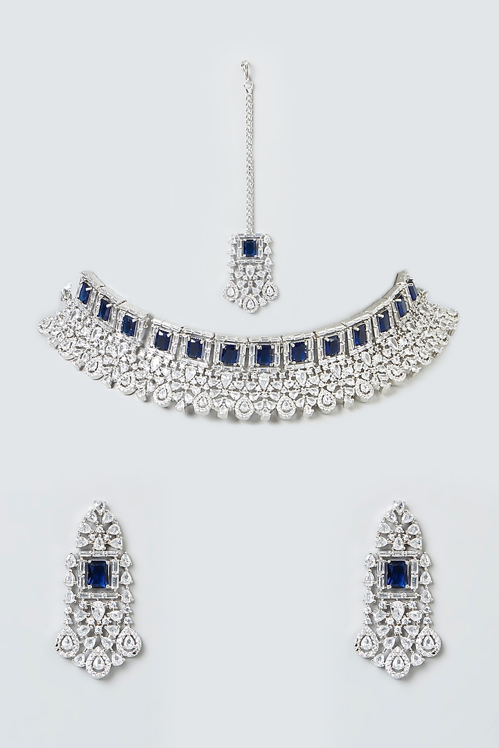 White Finish Zircon & Blue Stone Choker Necklace Set by Aster at Pernia's Pop Up Shop