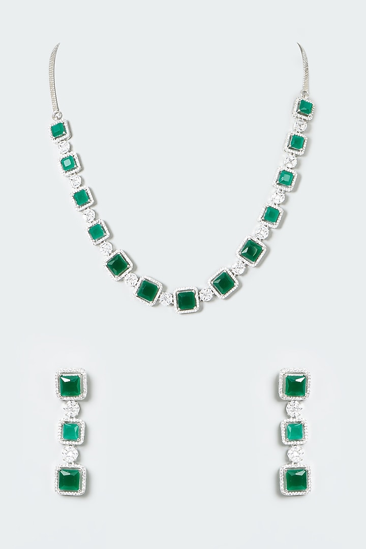 White Finish Green Stone & Zircon Necklace Set by Aster at Pernia's Pop Up Shop