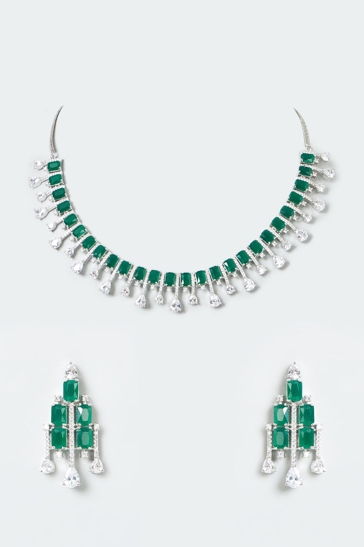 White Finish Faux Diamonds & Green Drop Necklace Set by Aster