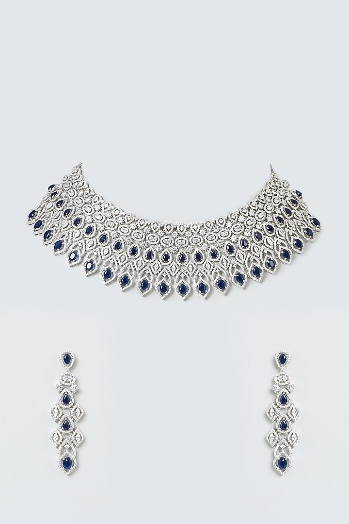 White Finish Blue Stone & Zircons Choker Necklace Set by Aster at Pernia's Pop Up Shop