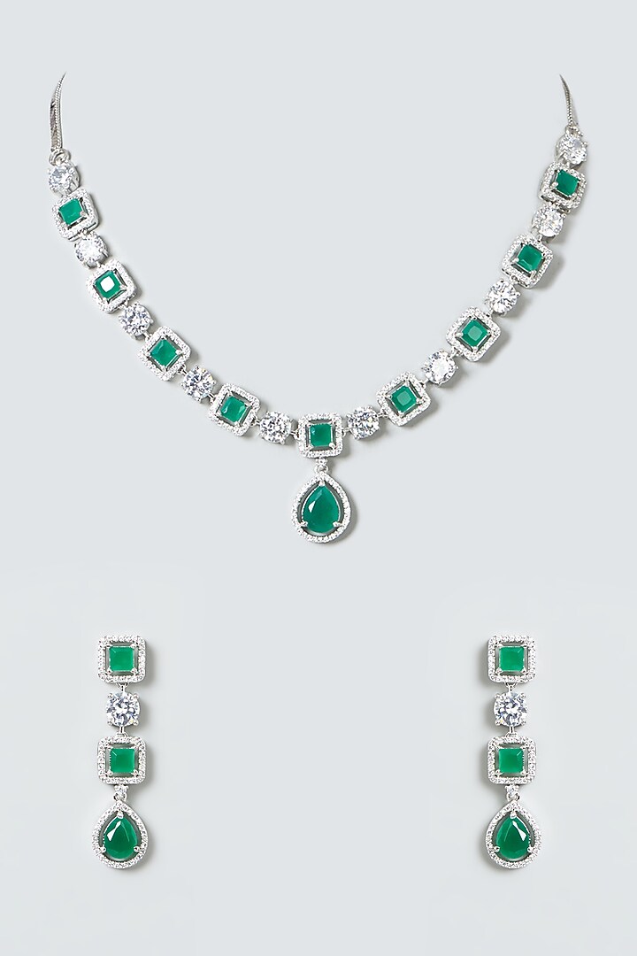 White Finish Green Stones Necklace Set by Aster at Pernia's Pop Up Shop