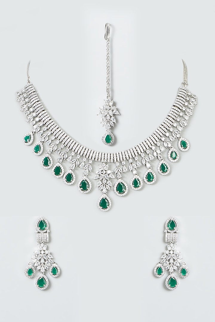 White Finish Zircon & Green Synthetic Stone Necklace Set by Aster at Pernia's Pop Up Shop