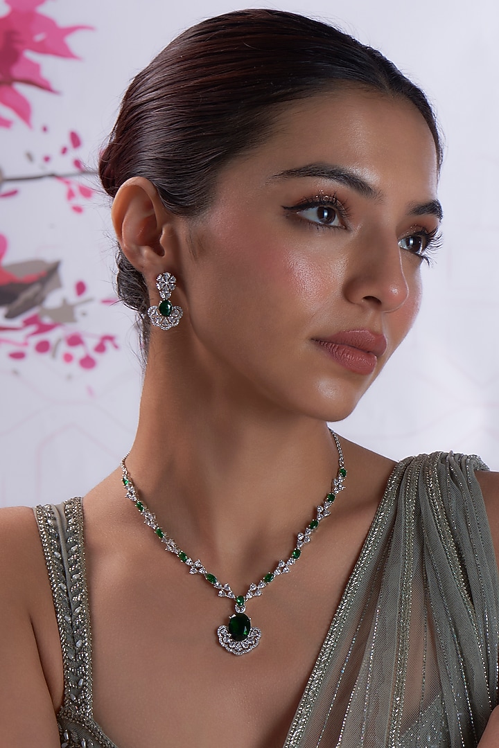 White Finish Zircon & Green Stone Necklace Set by Aster at Pernia's Pop Up Shop